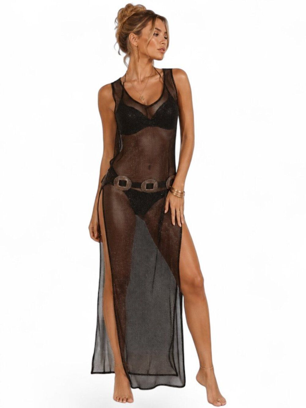 Black Mesh Sleeveless High Slit Maxi Dress Cover Up